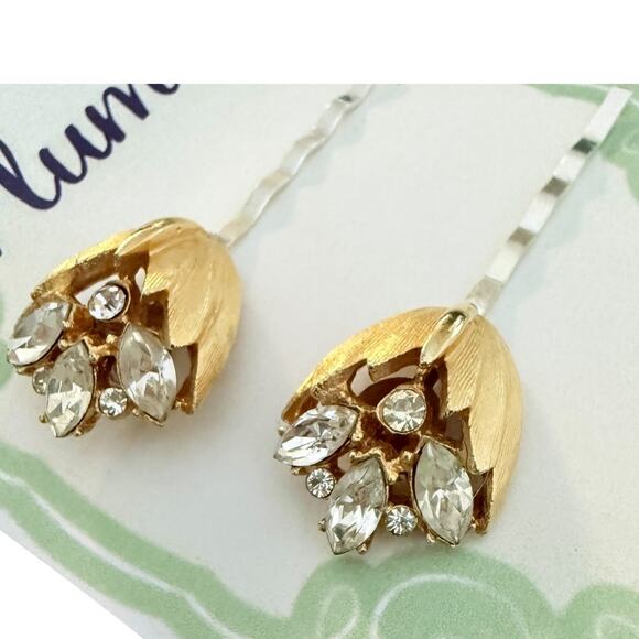 Gold Floral Bridal Hair Pins Gold Crystal Wedding Hair Accessories - Picture 5 of 6